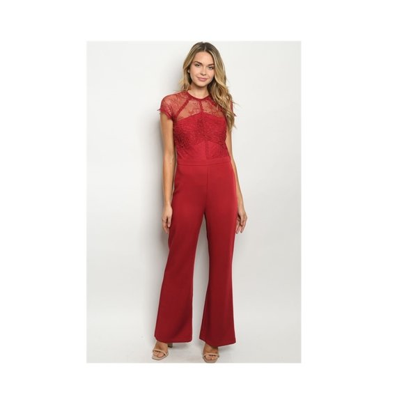 New Burgundy Jumpsuit w/Lace accents S-M-L - Picture 5 of 10